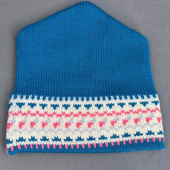 VTG MadHatter Wool Knit Beanie Hat Blue Pink Fair Isle Heart Canada Retro 80s OS - Picture 10 of 16